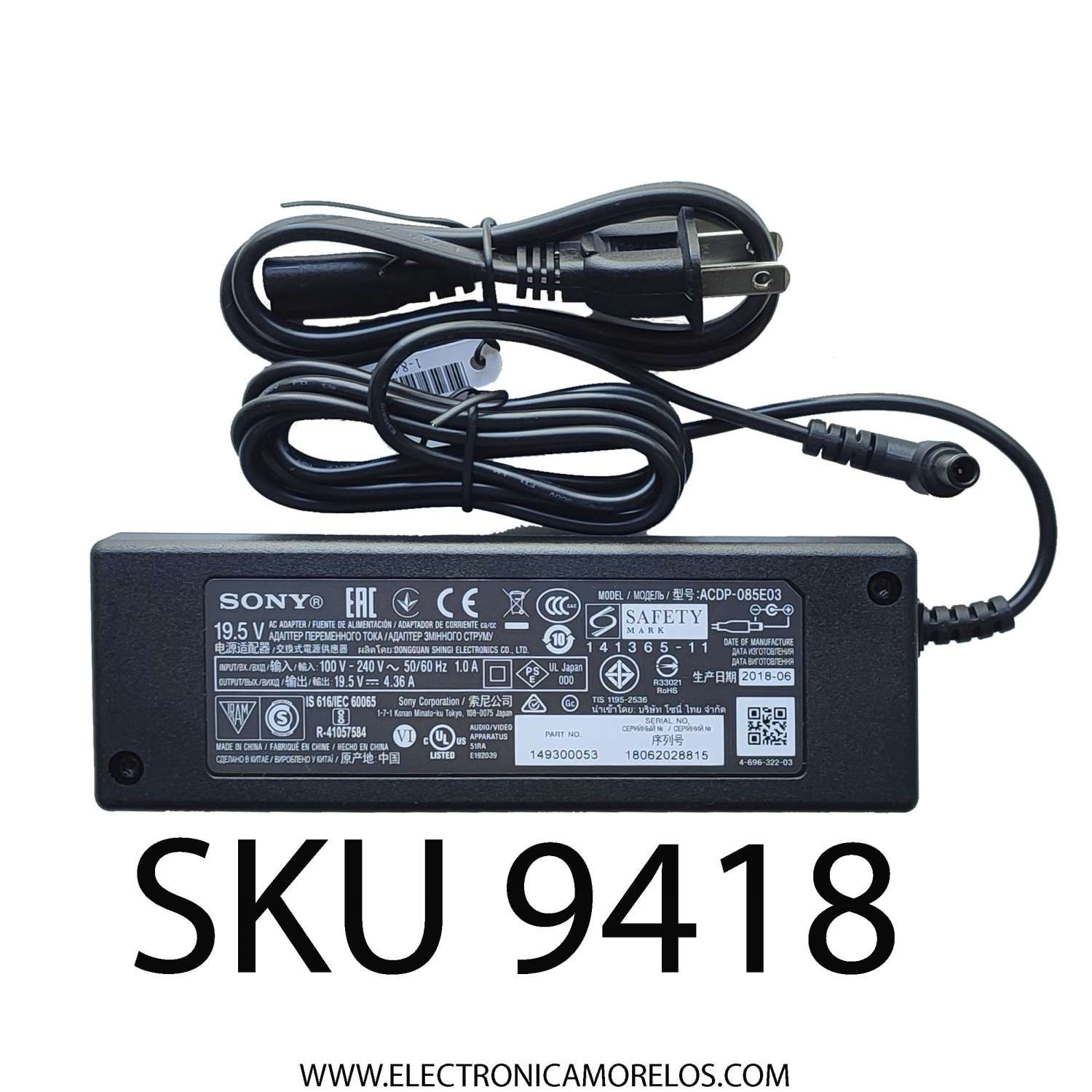 ADAPTADOR DE CORRIENTE SONY / NUMERO DE PARTE ACDP-085E03 / 149300053 / INPUT 100 V - 240 V 50/60 HZ 1.0A / OUTPUT 19.5 V - 4.36A	